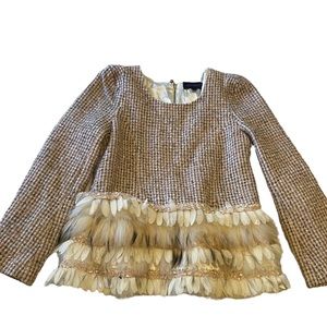 Sevents Silk Tweed Sweater Top Feather Hem Bohemian Designer Runway Catwalk Boho